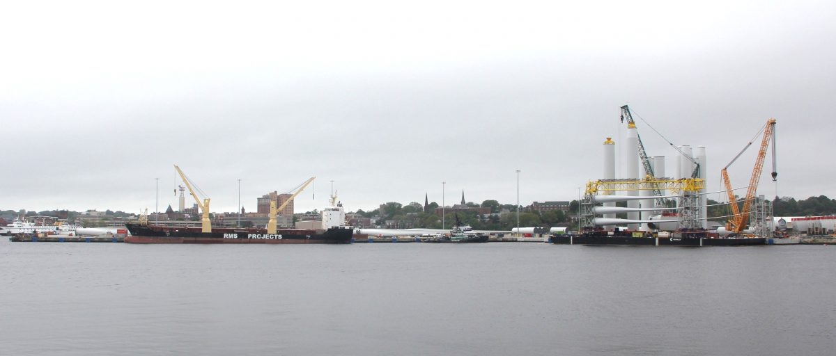 Blades and towners for the Revolution Wind project are being staged at State Pier in New London on May 6, 2025.
