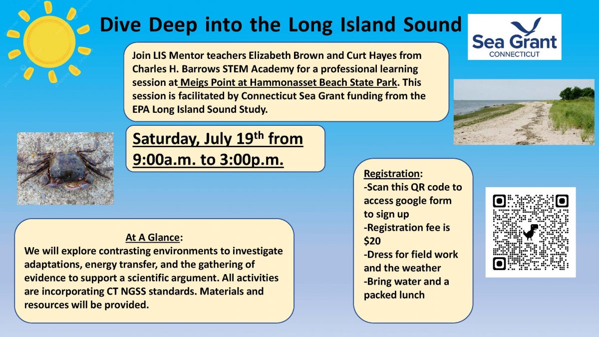 Flier for Long Island Sound Mentor Teacher workshop at Hammonasset Beach State Park on July 19, 2025