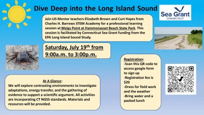 Flier for Long Island Sound Mentor Teacher workshop at Hammonasset Beach State Park on July 19, 2025