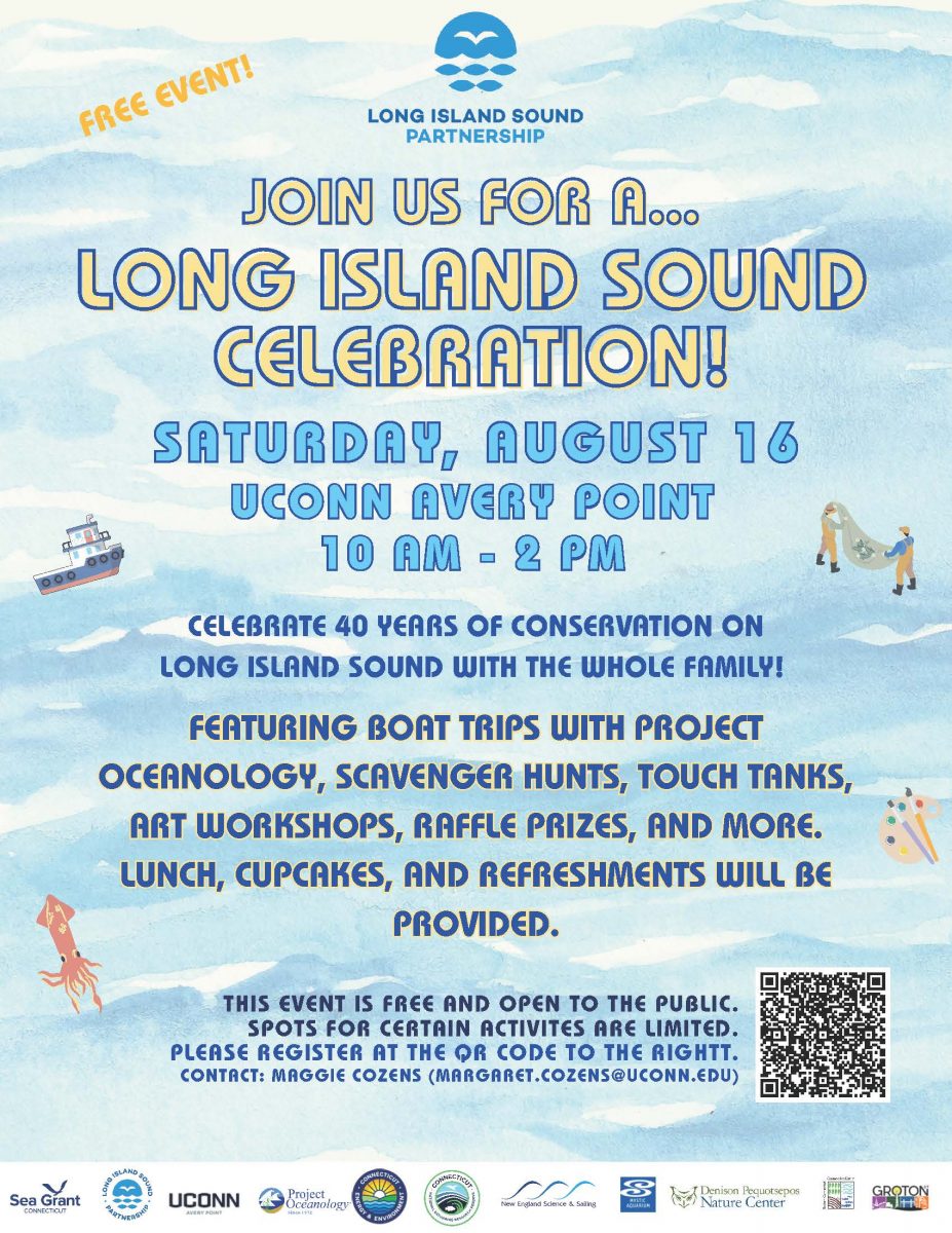 Flier for Aug. 16, 2025 Long Island Sound Celebration free event at UConn Avery Point with list of activities and sponsors.