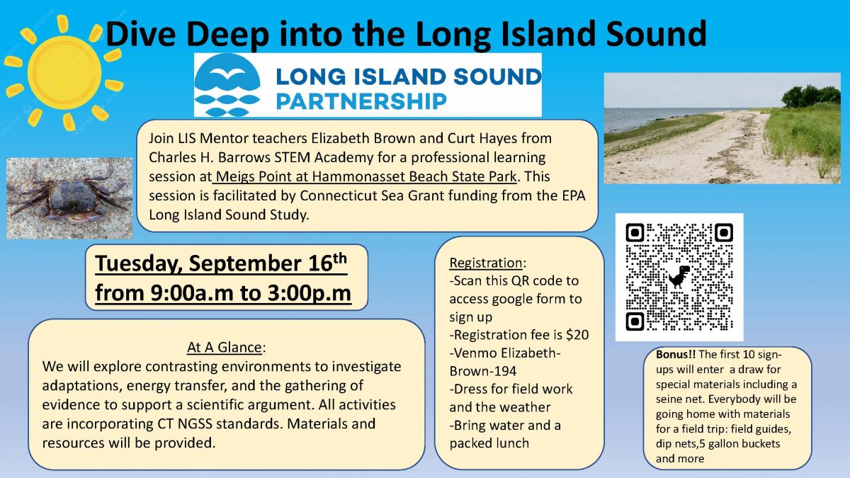 Flier for Long Island Sound Mentor Teacher Workshop at Hammonasset Beach State Park on Sept. 16, 2025