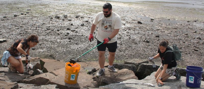 Volunteers pried dozens of pounds of trash trapped in the rocks on the shoreline along Long Wharf Drive in New Haven during the 2025 #DontTrashLISound kickoff cleanup.