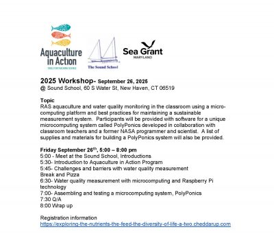 Flier about Aquaculture in Action workshop at The Sound School in New Haven with information about program, agenda and registration link.