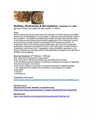 Flier about Biofilms, Biodiversity & Microplastics workshop with information about program, agenda and registration and resource links.