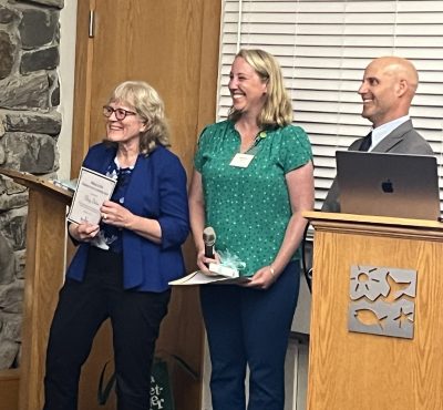 Nancy Balcom, left, with award committee members Abigail Archer, fisheries and aquaculture specialist for Woods Hole Sea Grant and Tory Gabriel, extension specialist with Ohio Sea Grant. Photo: Judy Benson
