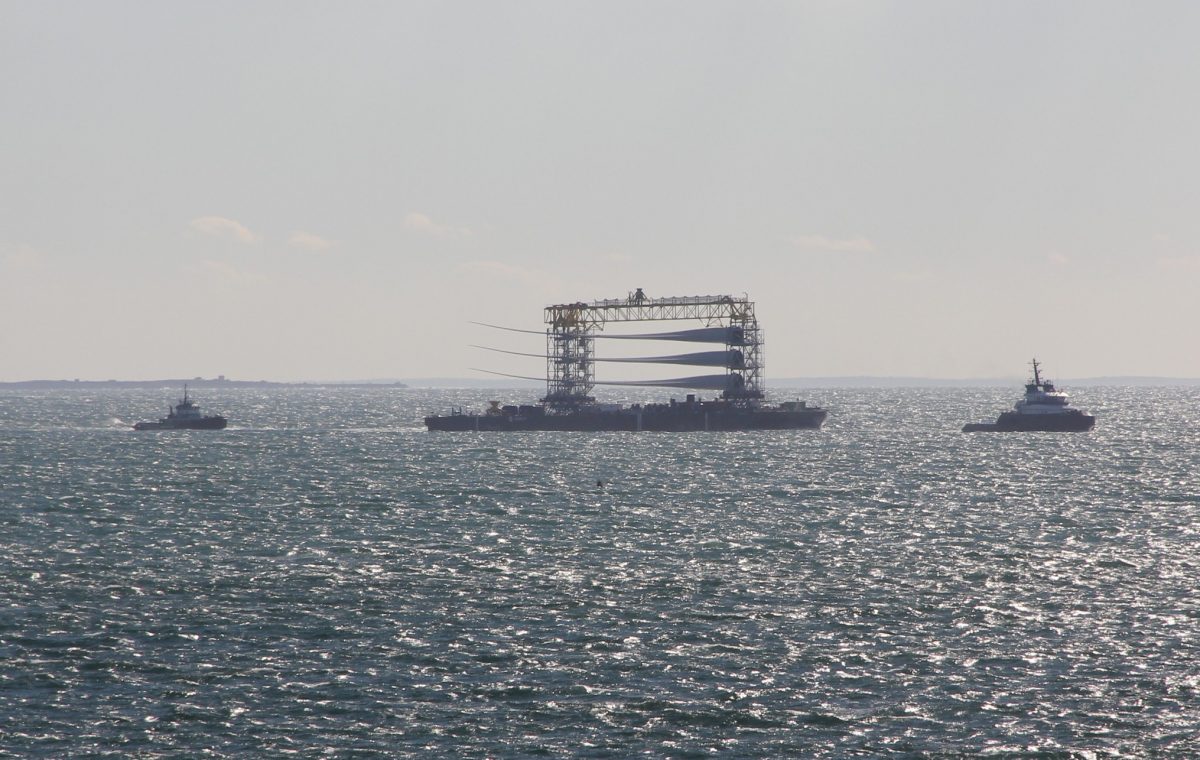 A ship carrying turbine blades for the Revolution wind farm project travels through the mouth of the Thames River on Oct. 22, 2025.