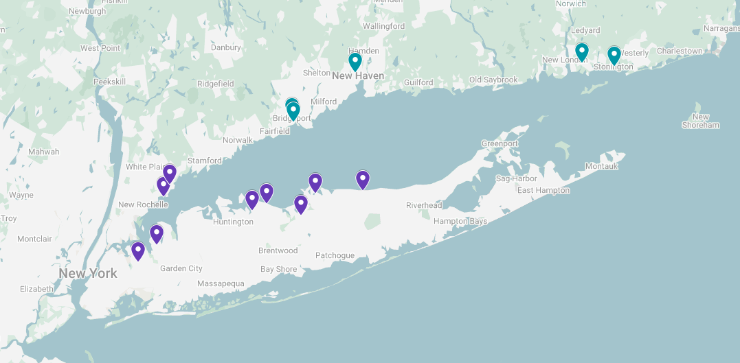Map showing the locations of the 14 projects awarded support through the second round of the LIS Resilience Planning Support Program. Nine New York projects are shown with purple markers and five Connecticut projects with teal markers.