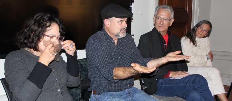 Soundkeeper Bill Lucey, center, makes a point during a panel discussion with artists and experts for the Nov. 5 opening of the CTSG-supported "Sight and Sound: Artists Consider the Long Island Sound" exhibit at the Alexey von Schlippe Gallery through Dec. 7, as one of the artists examines a piece of plastic made from seaweed brought by Lucey.