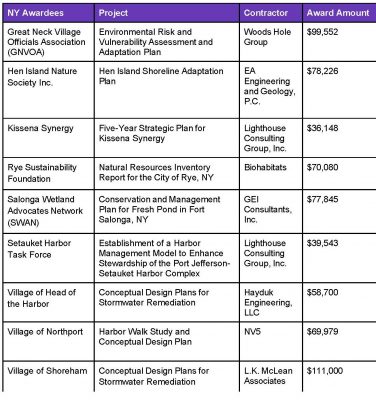 Chart listing NY grant awardees, amount of award and project names