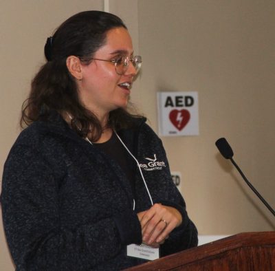 Sarah Bodenstein, regional aquaculture assistant extension educator for CT Sea Grant, describes a quahog research project she is leading to the commissioners.