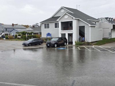 The parking lot of the Groton Long Point Police and Fire Station flooded during a story in November 2025.