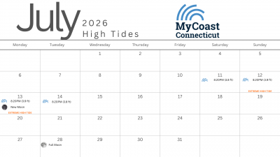 July 2026 calendar showing dates and times of high tides and extreme high tides