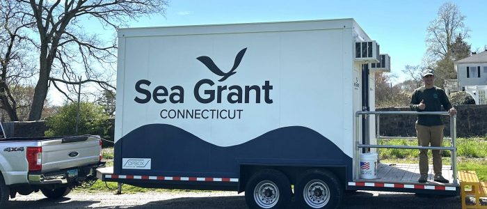 Mobile lab at Yellow Farm House, Stonington, CT, for Kelp Harvest Week Kickoff Event in April 2026.