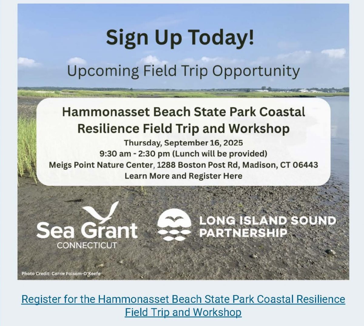 Flyer with information about Hammonasset Beach State Park Coastal Resilience Field Trip and Workshop on Sept. 16